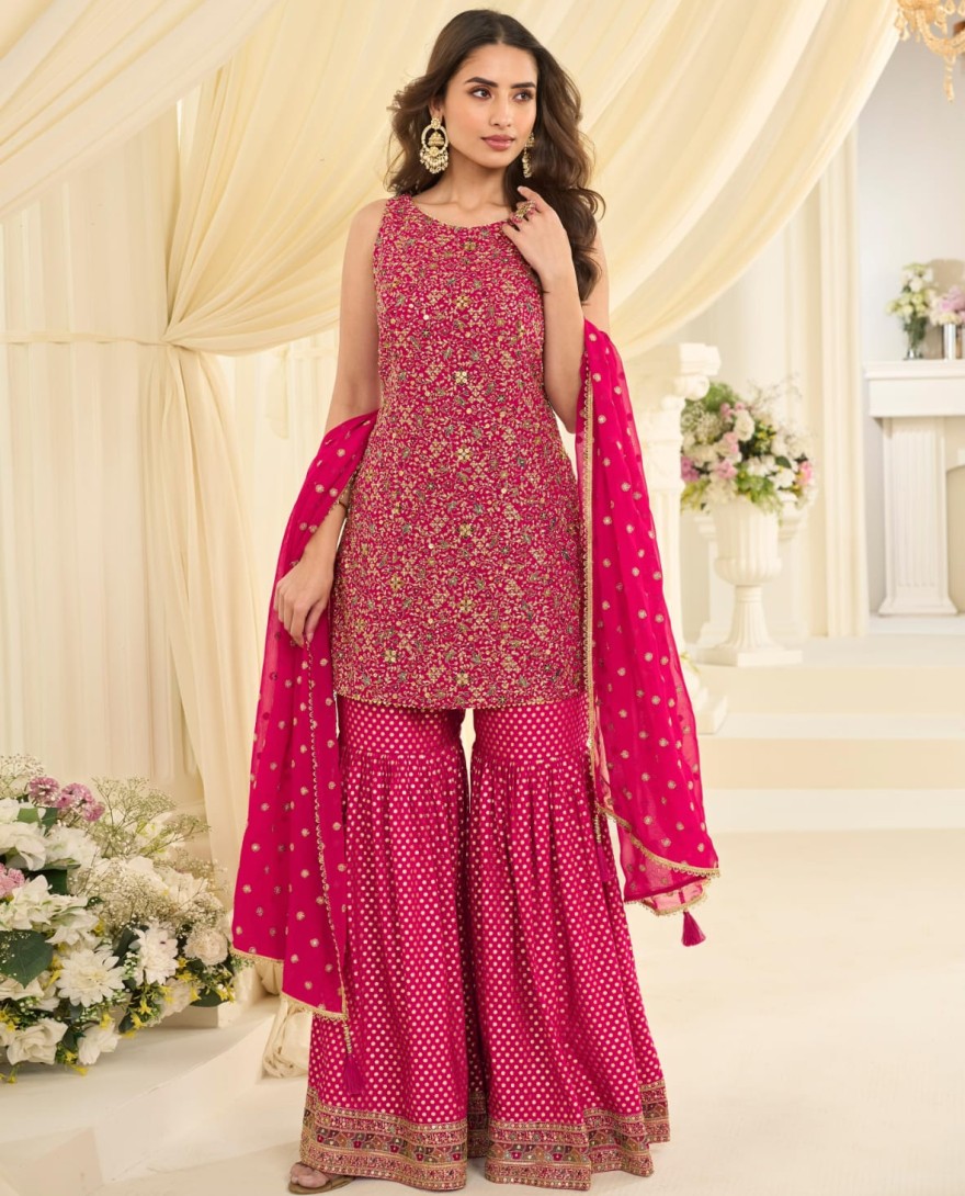 PINK - Rani Pink Embroidered Georgette Designer Sarara Kameez